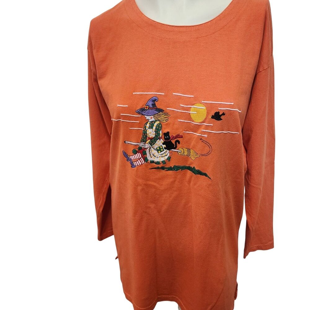 Basic Editions Witch Halloween Shirt Womens S Orange‎ Embroidered Cat Broom Top